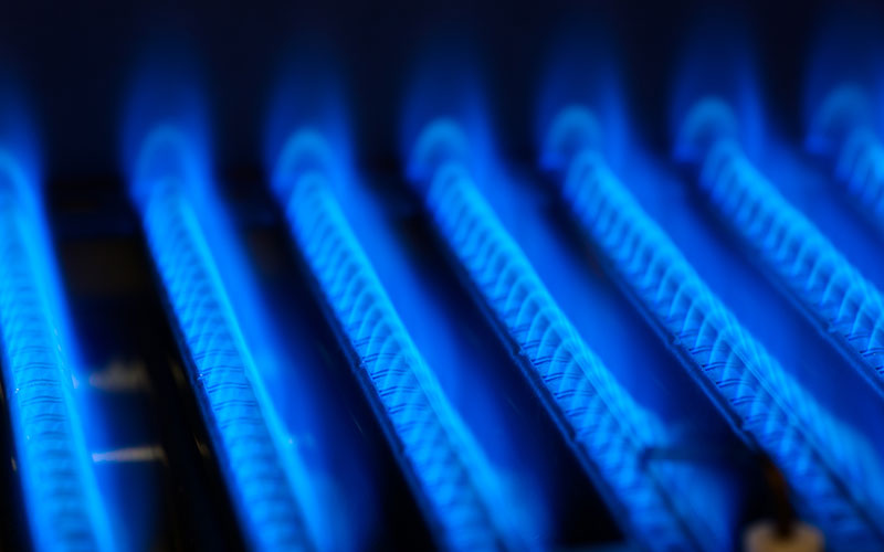 A close up of blue flames on a gas stove.