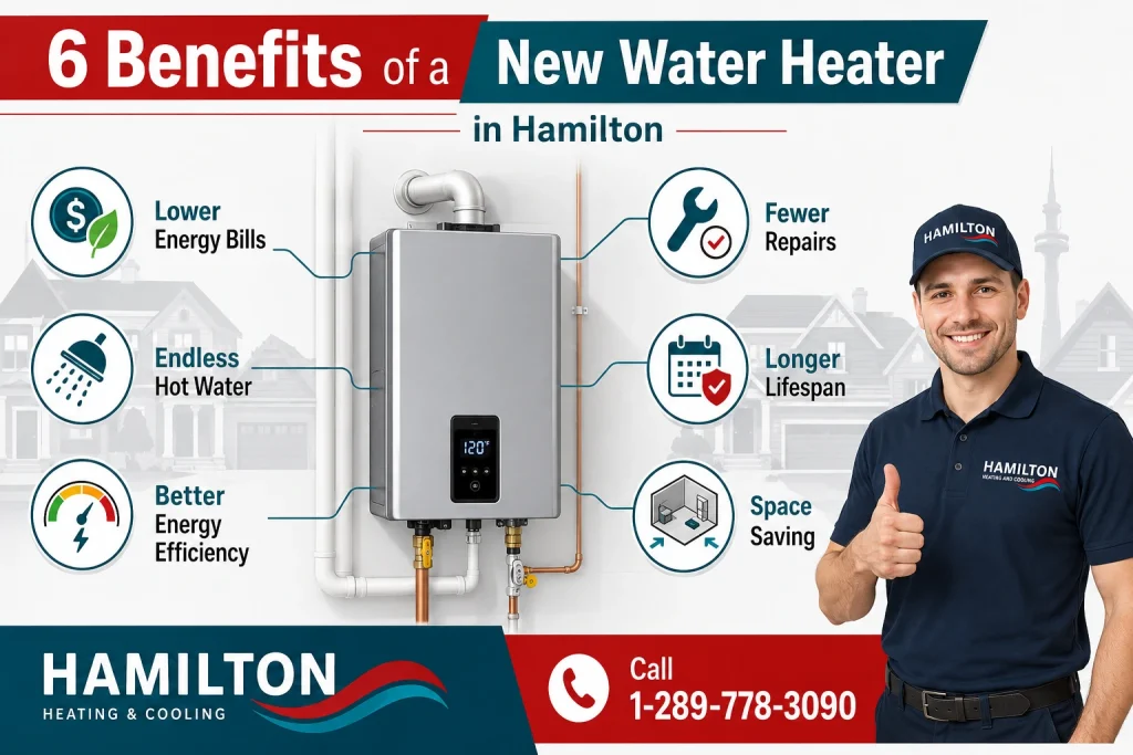 Modern tankless water heater installation showing the benefits of upgrading to a new water heater in a Hamilton home