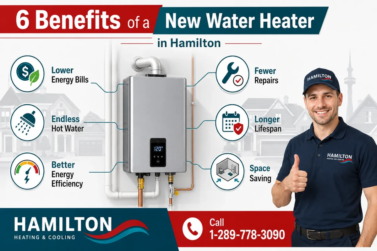 Modern tankless water heater installation showing the benefits of upgrading to a new water heater in a Hamilton home