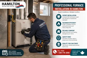 Licensed HVAC technician completing furnace installation in a Hamilton home basement