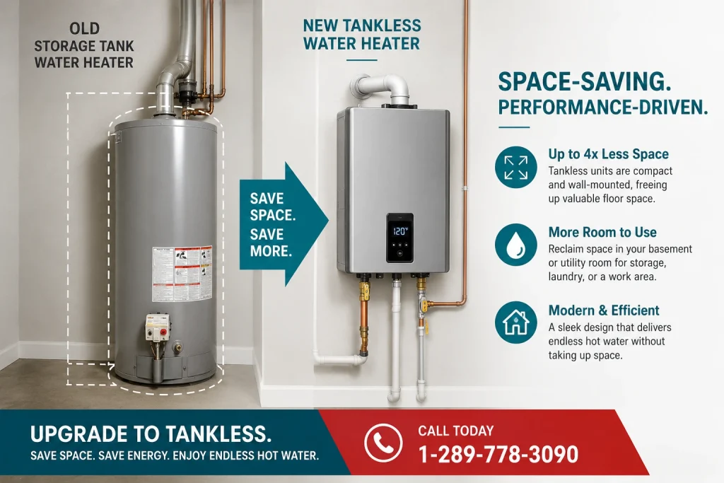 A newly installed tankless water heater one of the clearest space-saving benefits of upgrading from an old storage tank.