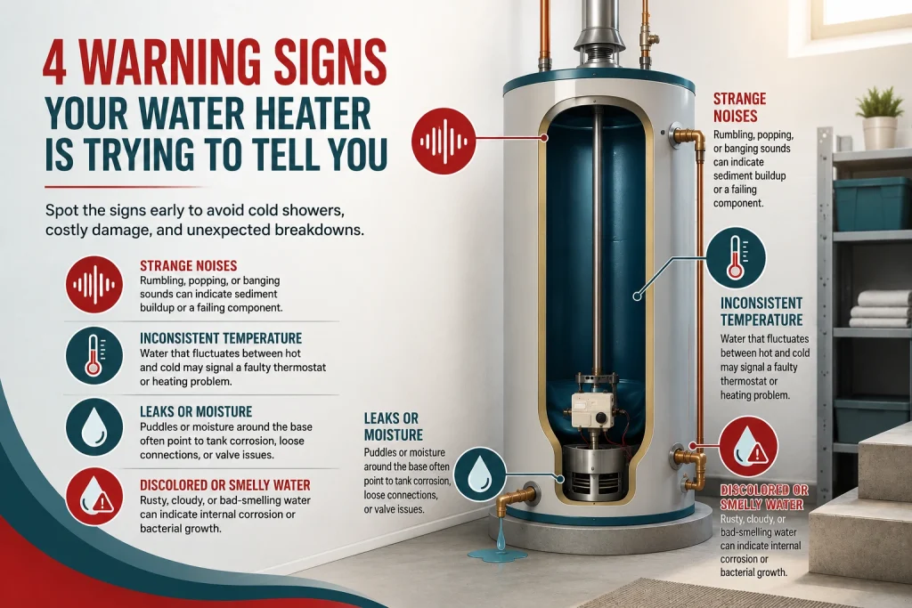 Water heater warning signs in Hamilton — leak, noise, and temperature diagnostic infographic