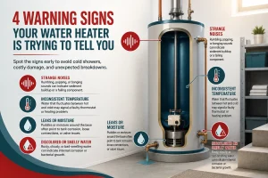 Water heater warning signs in Hamilton — leak, noise, and temperature diagnostic infographic