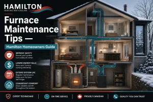 Furnace maintenance tips for Hamilton homeowners cross-section of home showing gas furnace and ductwork in winter