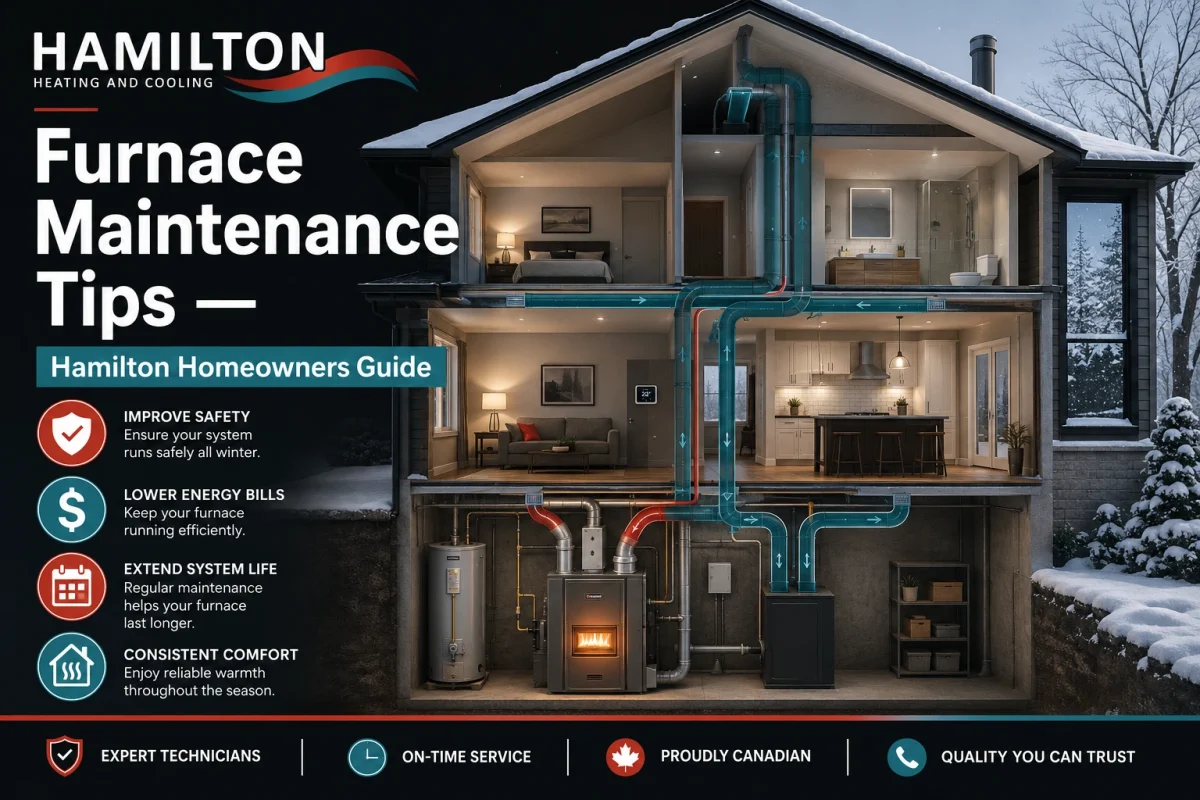 Furnace maintenance tips for Hamilton homeowners cross-section of home showing gas furnace and ductwork in winter