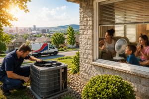 HVAC technician inspecting a broken outdoor air conditioner at a Hamilton home during a summer heatwave while a family stays cool indoors with fans and cold drinks.