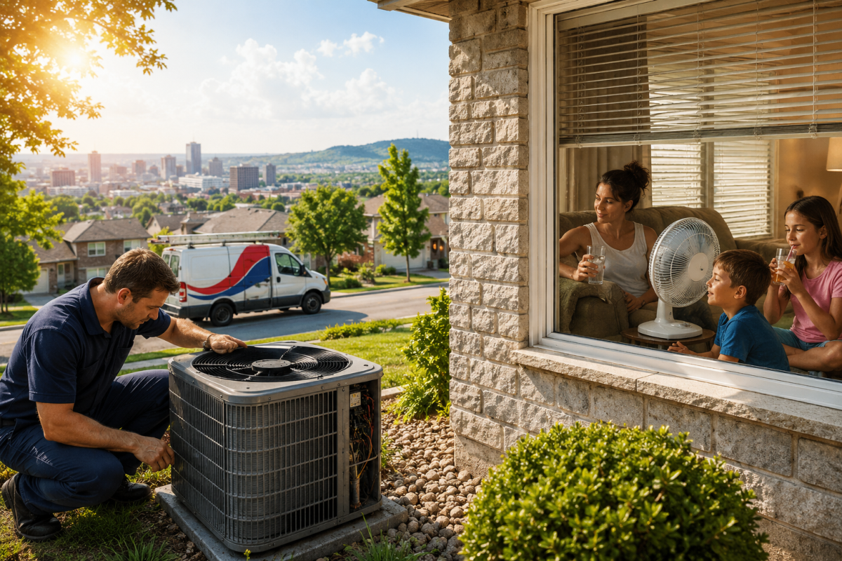 HVAC technician inspecting a broken outdoor air conditioner at a Hamilton home during a summer heatwave while a family stays cool indoors with fans and cold drinks.