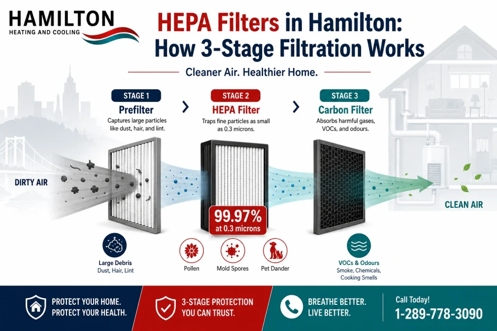 HEPA filters in Hamilton infographic showing 3-stage filtration process