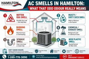 Infographic showing 6 common AC smells in Hamilton and what each one means
