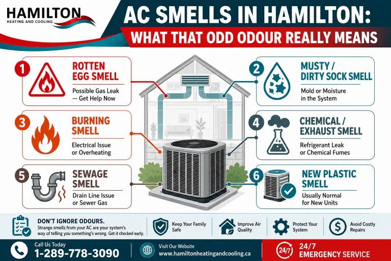 Infographic showing 6 common AC smells in Hamilton and what each one means