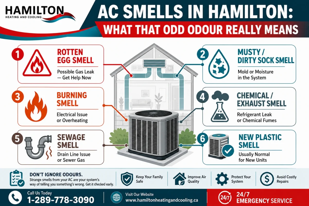 Infographic showing 6 common AC smells in Hamilton and what each one means