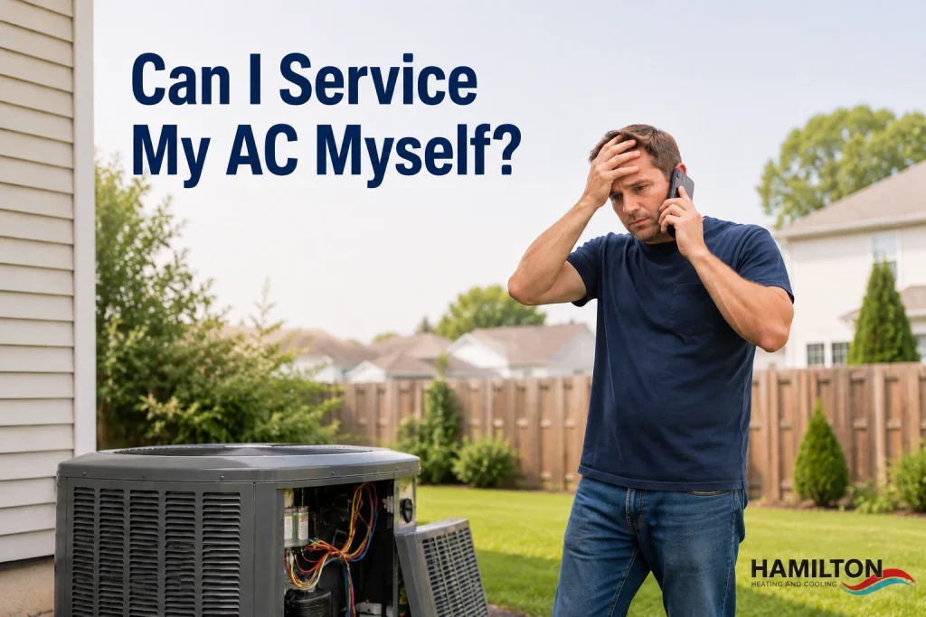 Frustrated Hamilton homeowner calling an HVAC technician after attempting to service their AC themselves