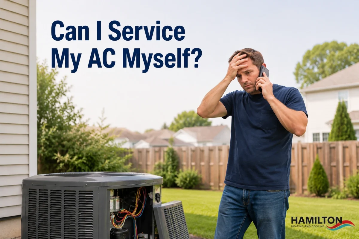 Frustrated Hamilton homeowner calling an HVAC technician after attempting to service their AC themselves