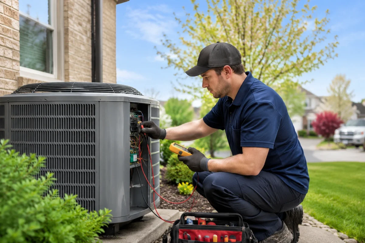 HVAC technician performing annual air conditioning service on a residential AC unit in Hamilton to improve efficiency and prevent breakdowns.