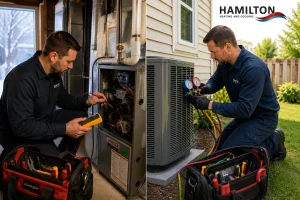HVAC technician preparing furnace and AC system for Canada's changing seasons