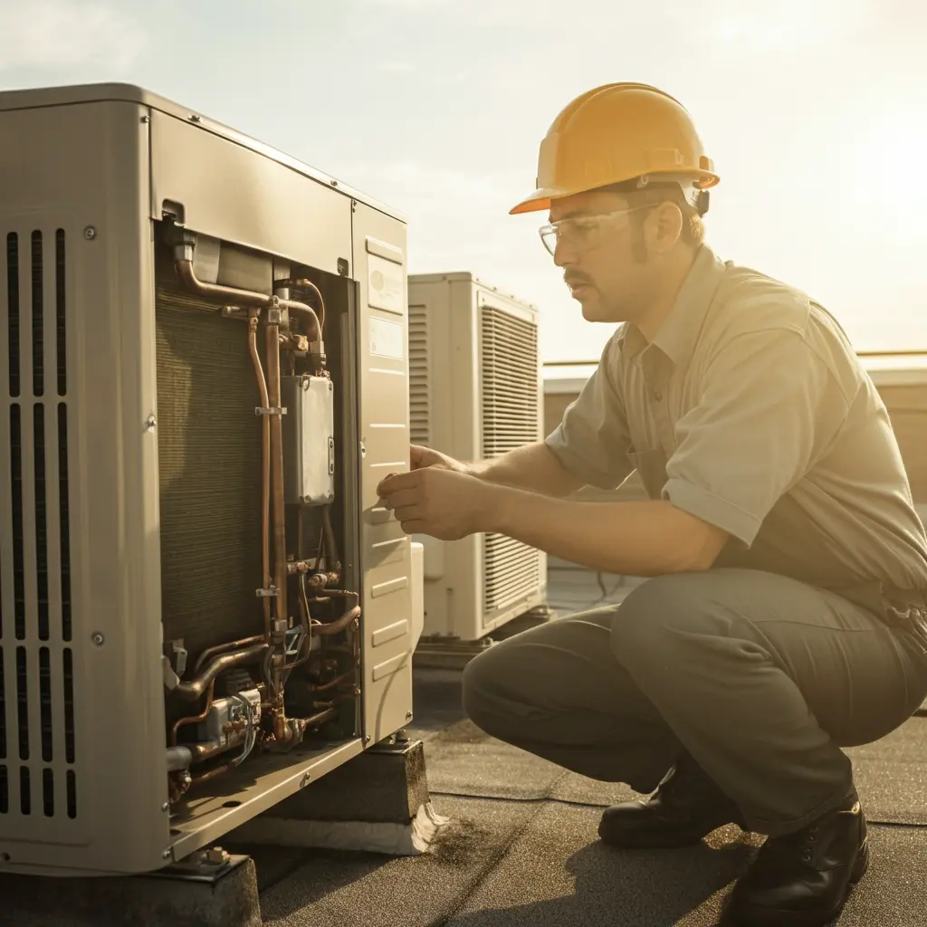 HVAC technician performing AC maintenance in Hamilton