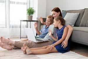 Happy family relaxing in a cool, comfortable living room in summer