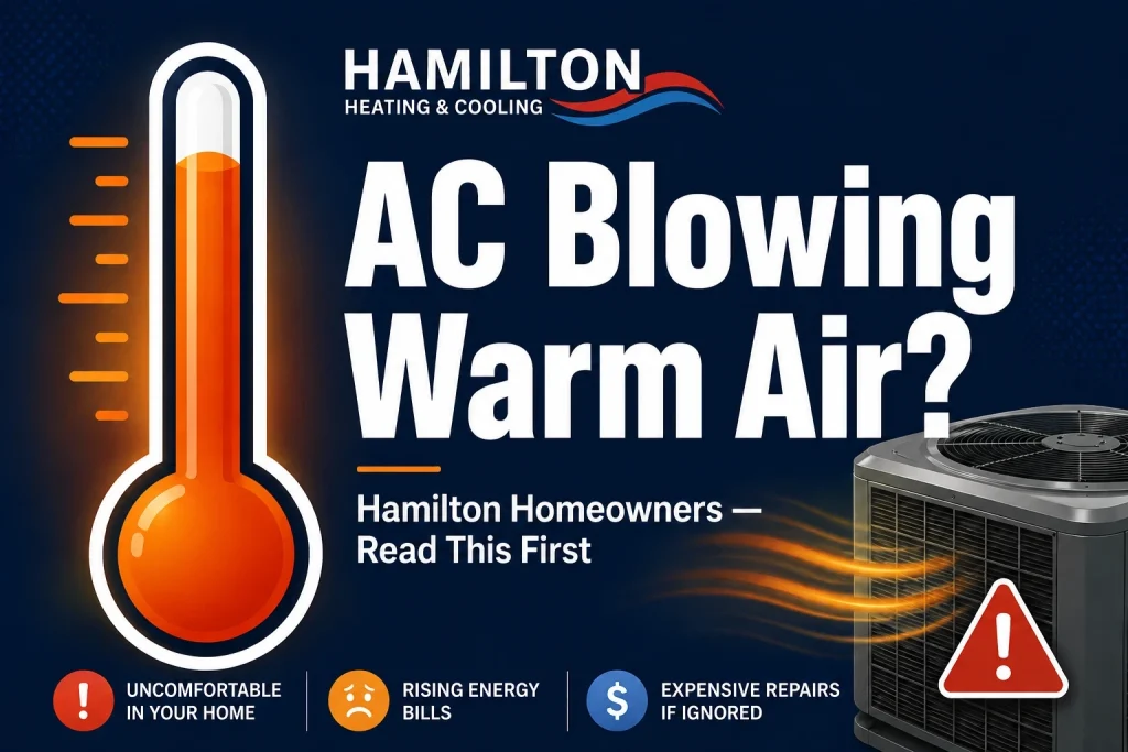 AC blowing warm air in Hamilton home — outdoor condenser unit with heat airflow graphic