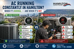 Is your AC running constantly this Hamilton summer? Learn when non-stop cooling is normal due to heat & humidity — and the 6 warning signs it's a real problem.