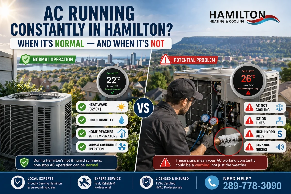 Is your AC running constantly this Hamilton summer? Learn when non-stop cooling is normal due to heat & humidity — and the 6 warning signs it's a real problem.