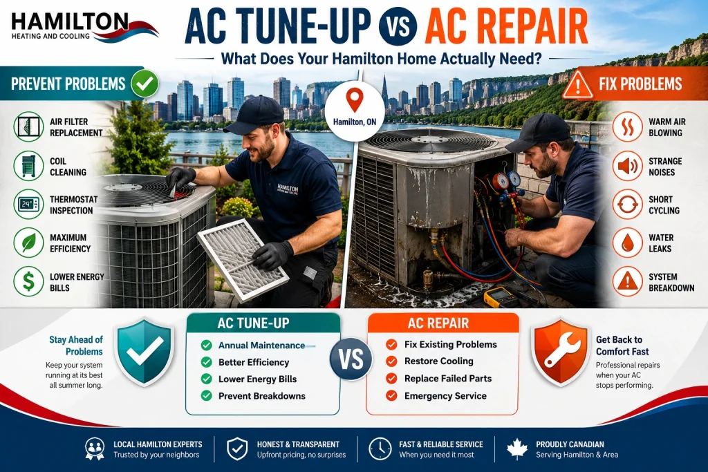 decide between an AC tune-up vs AC repair for your Hamilton home, you're asking exactly the right question — and the answer depends on what your system is actually telling you.