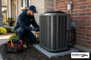 Technician completing an air conditioner replacement in Hamilton home