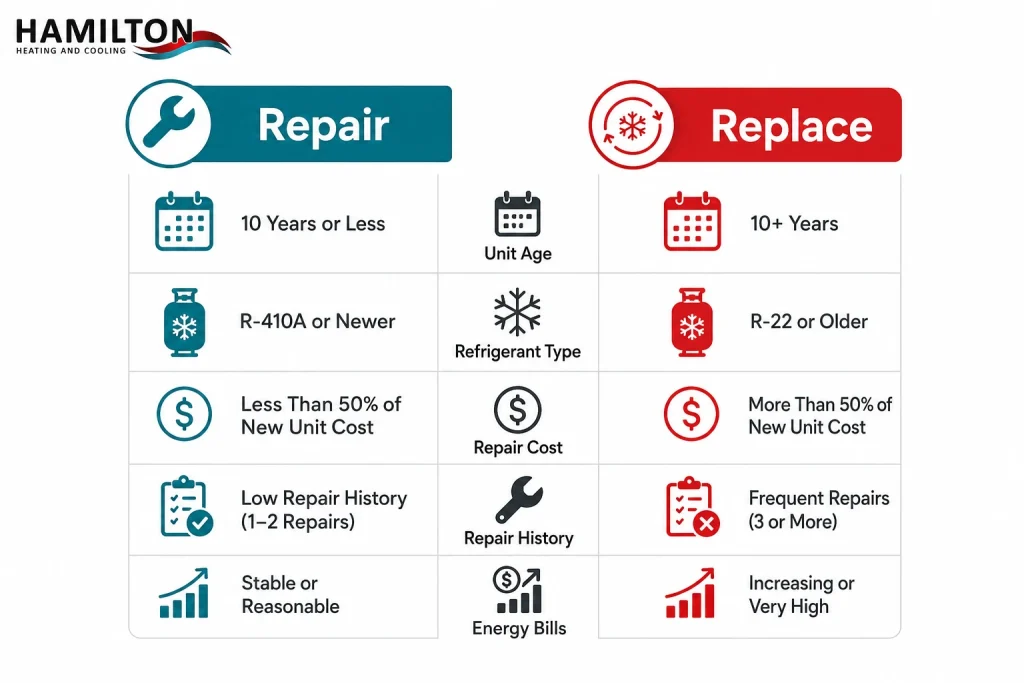 Infographic comparing when to repair vs replace an air conditioner in Hamilton