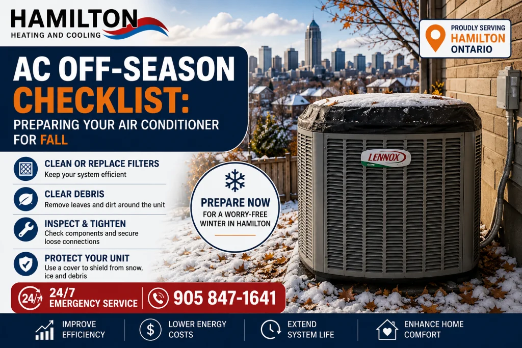 AC off-season checklist for Hamilton Ontario homes with winter protection tips and outdoor air conditioner unit