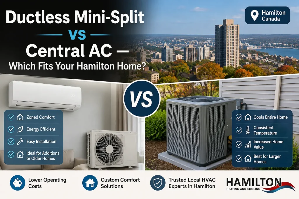 Ductless Mini-Split vs Central AC comparison for Hamilton homes showing energy efficiency, installation differences, and whole-home cooling options.
