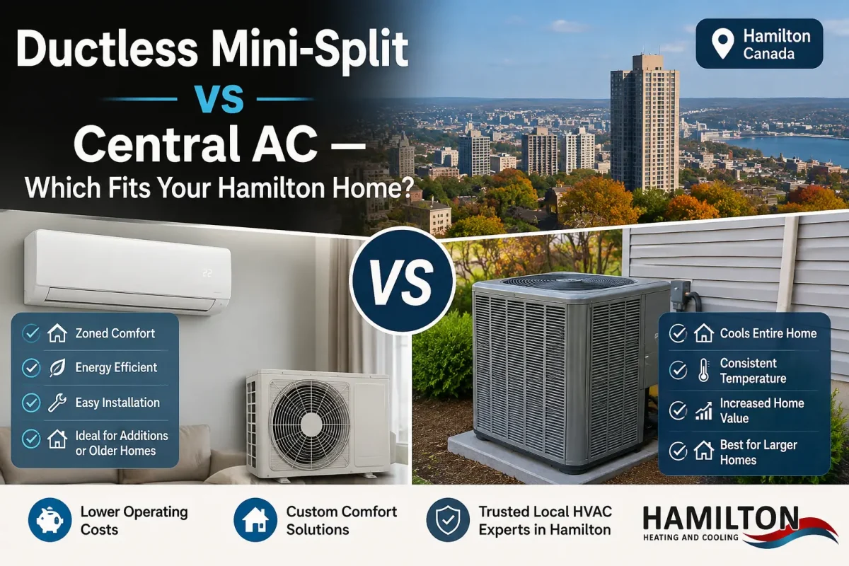 Ductless Mini-Split vs Central AC comparison for Hamilton homes showing energy efficiency, installation differences, and whole-home cooling options.
