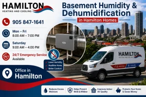 Basement humidity and dehumidification in Hamilton homes with a whole-home dehumidifier and HVAC system