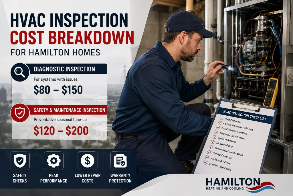 HVAC inspection cost breakdown for Hamilton homes showing a technician performing a diagnostic and safety inspection.