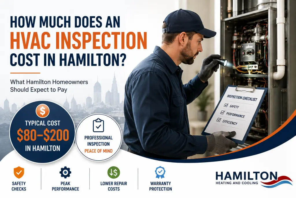 HVAC inspection cost in Hamilton showing a technician inspecting a furnace