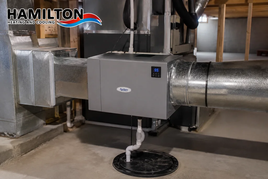 Whole home dehumidifier installed in a Hamilton basement HVAC ductwork system
