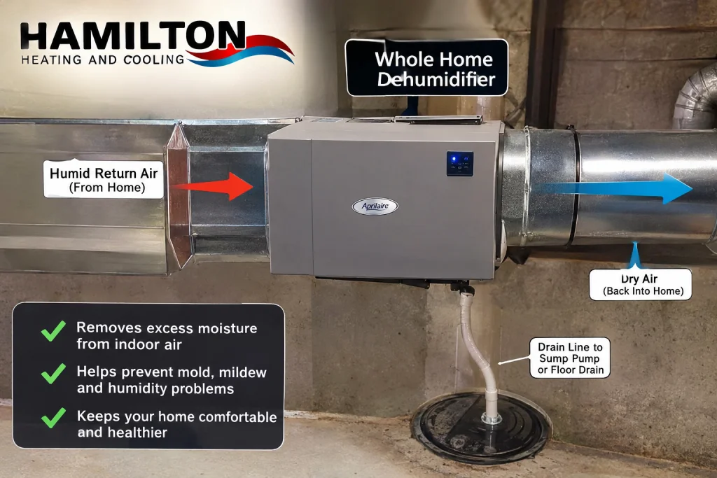Diagram showing how a whole home dehumidifier connects to Hamilton HVAC ductwork and drain line
