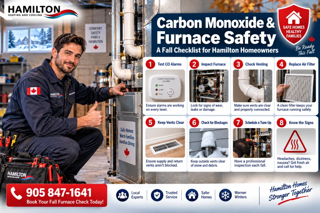 HVAC technician beside a furnace with a carbon monoxide and furnace safety checklist for Hamilton homeowners in fall