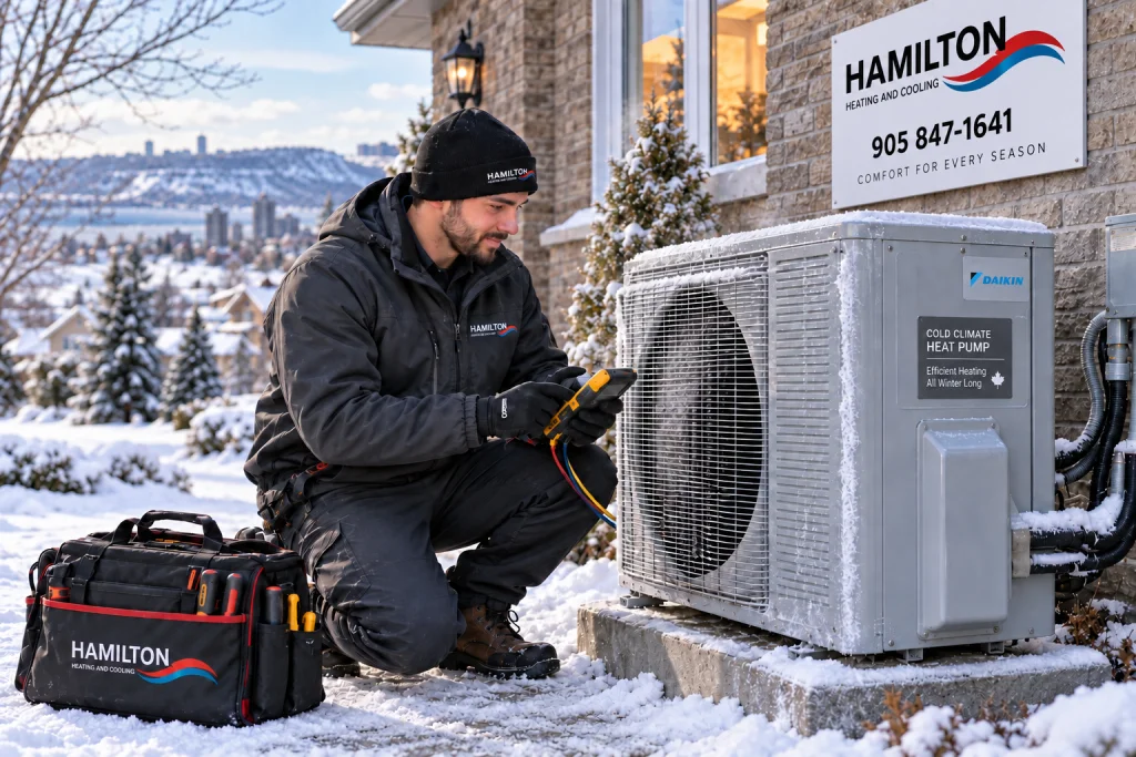 HVAC technician inspecting a cold-climate heat pump operating normally during a snowy Hamilton Ontario winter