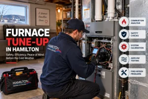 Professional HVAC technician performing a furnace tune-up in a Hamilton home with combustion, safety, and airflow checks.