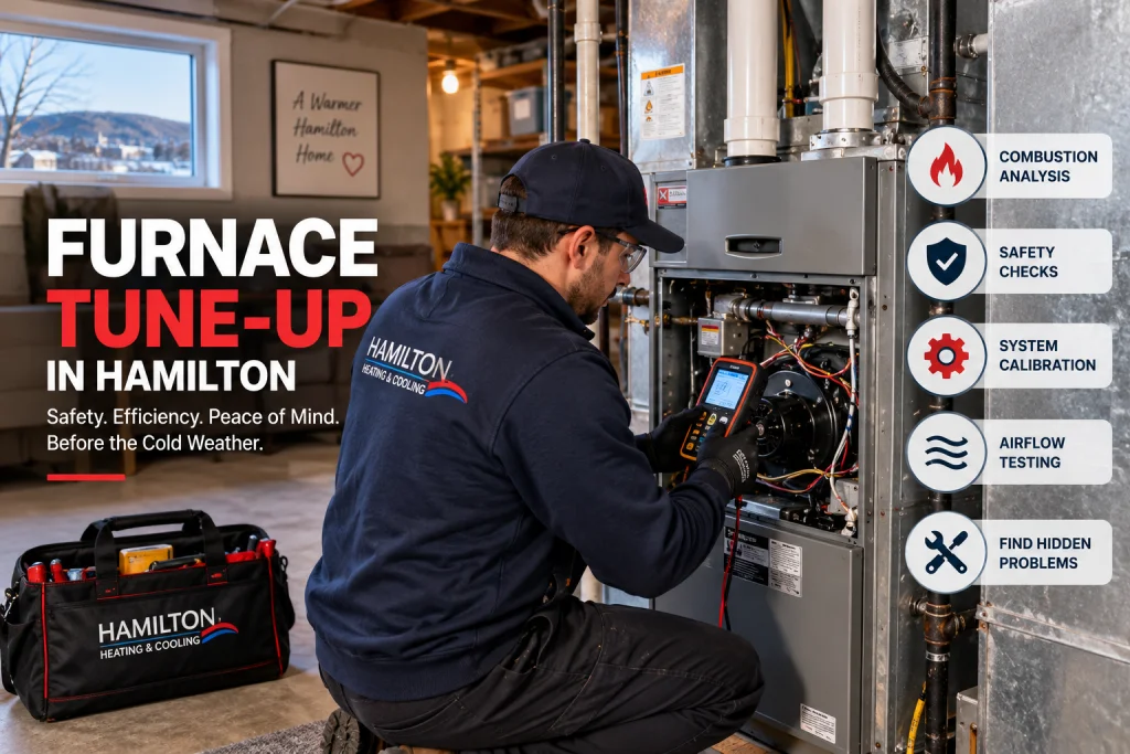 Professional HVAC technician performing a furnace tune-up in a Hamilton home with combustion, safety, and airflow checks.