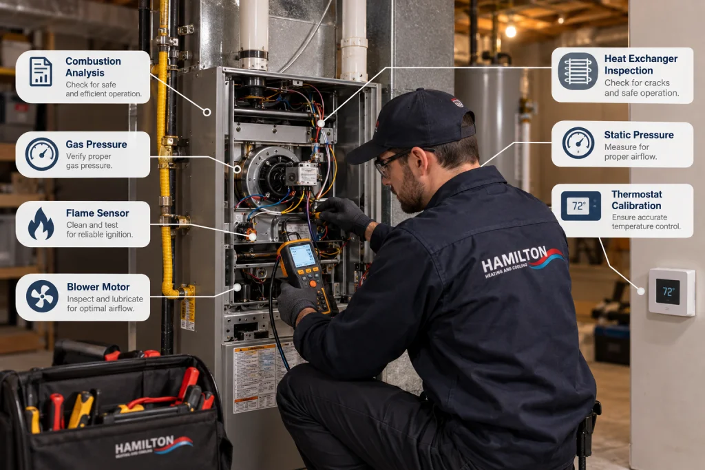 HVAC technician performing furnace tune-up checks including combustion analysis, airflow testing, and safety inspection in Hamilton.