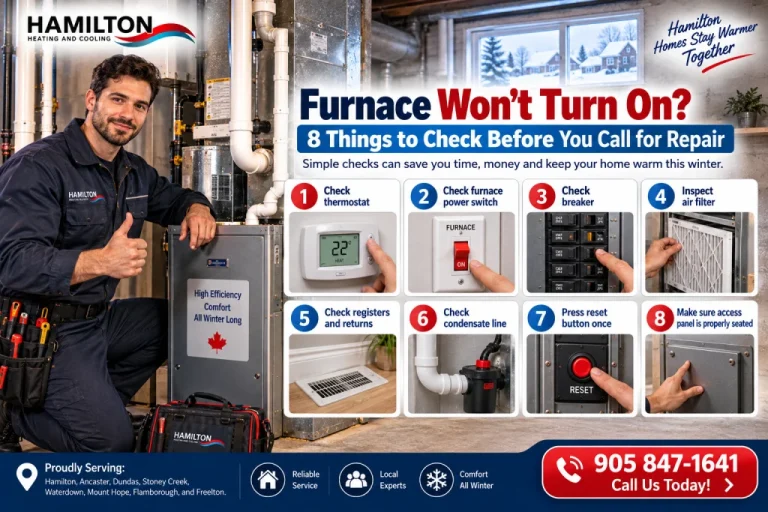 Canadian HVAC technician inspecting a furnace that won't turn on in a Hamilton basement.