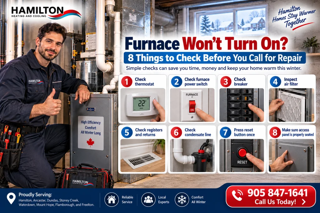 Canadian HVAC technician inspecting a furnace that won't turn on in a Hamilton basement.