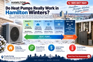 Cold-climate heat pump operating outside a Hamilton home during a snowy Ontario winter with an HVAC technician