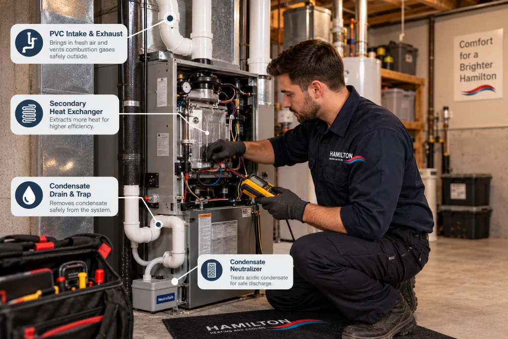 Professional HVAC contractor inspecting a high-efficiency furnace with condensate, venting, and heat exchanger checks in Hamilton.