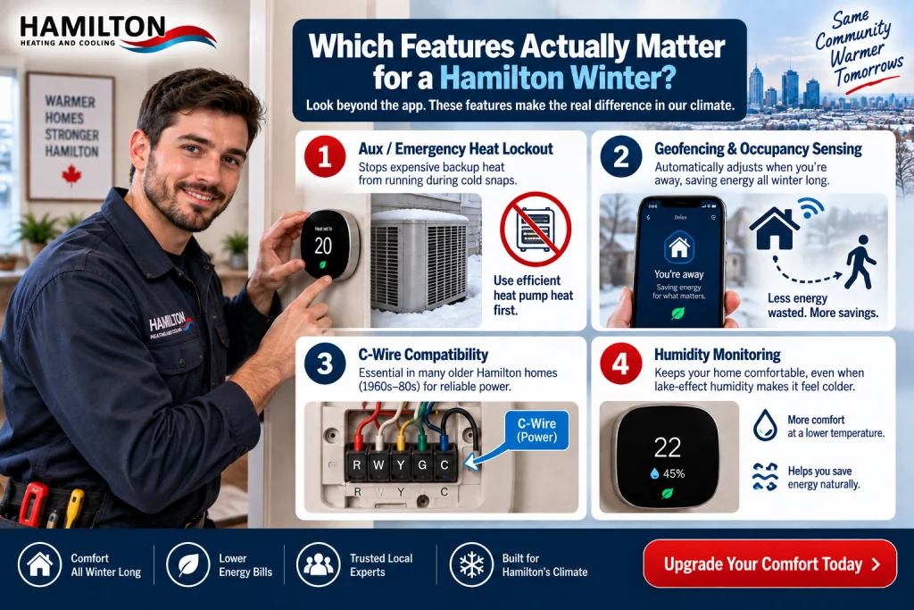 HVAC technician showing four smart thermostat features for Hamilton winters: heat lockout, geofencing, C-wire and humidity
