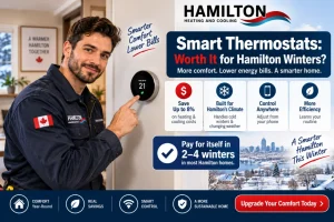 HVAC technician demonstrating a smart thermostat in a Hamilton home with winter savings and comfort infographic benefits