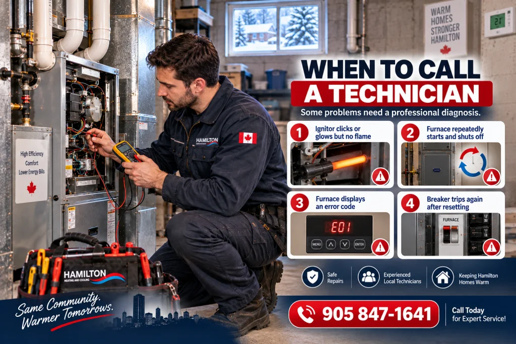 Canadian HVAC technician diagnosing furnace error codes and ignition problems in a Hamilton home.