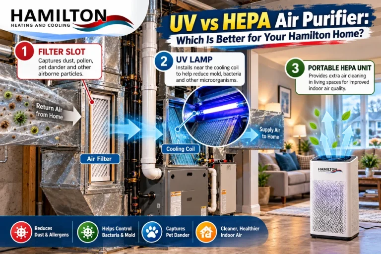 Diagram comparing UV vs HEPA air purifier placement in a Hamilton home HVAC system