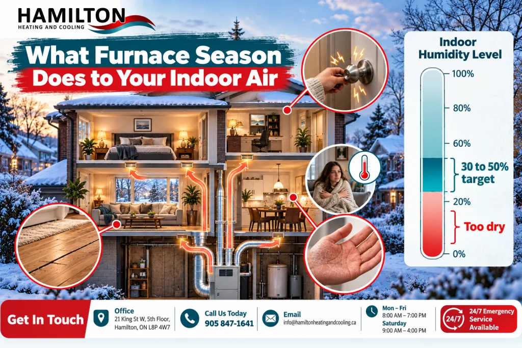 Hamilton winter home showing dry indoor air, furnace airflow, static, cracked wood, dry skin and humidity levels.